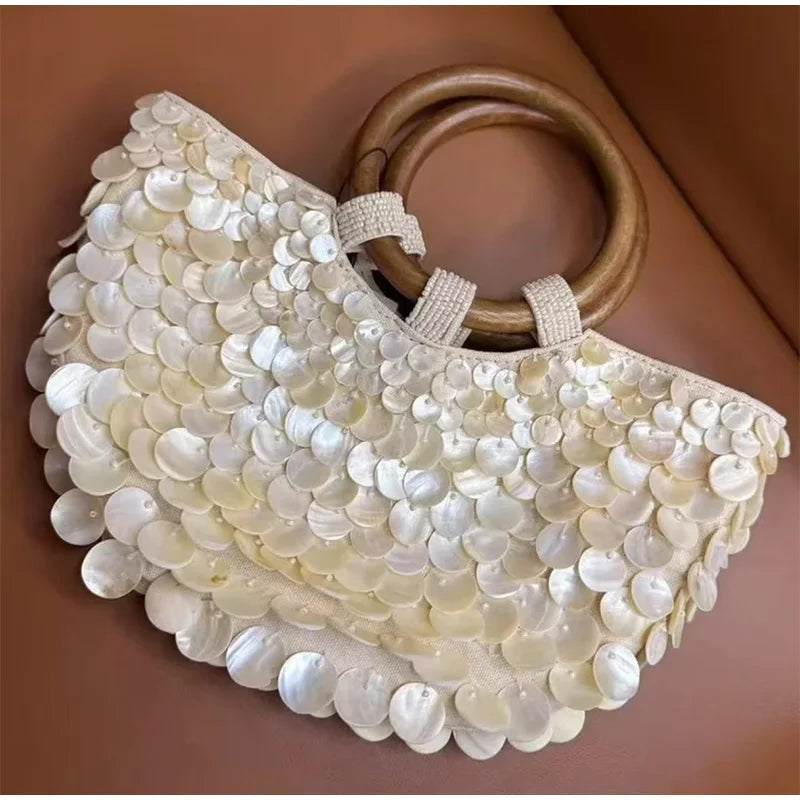 Designer Women's Pearlescent Inlay Half Moon Crossbody Bag | Exquisite Shell Beaded Handbag with Sequin & Wooden Handle Tote