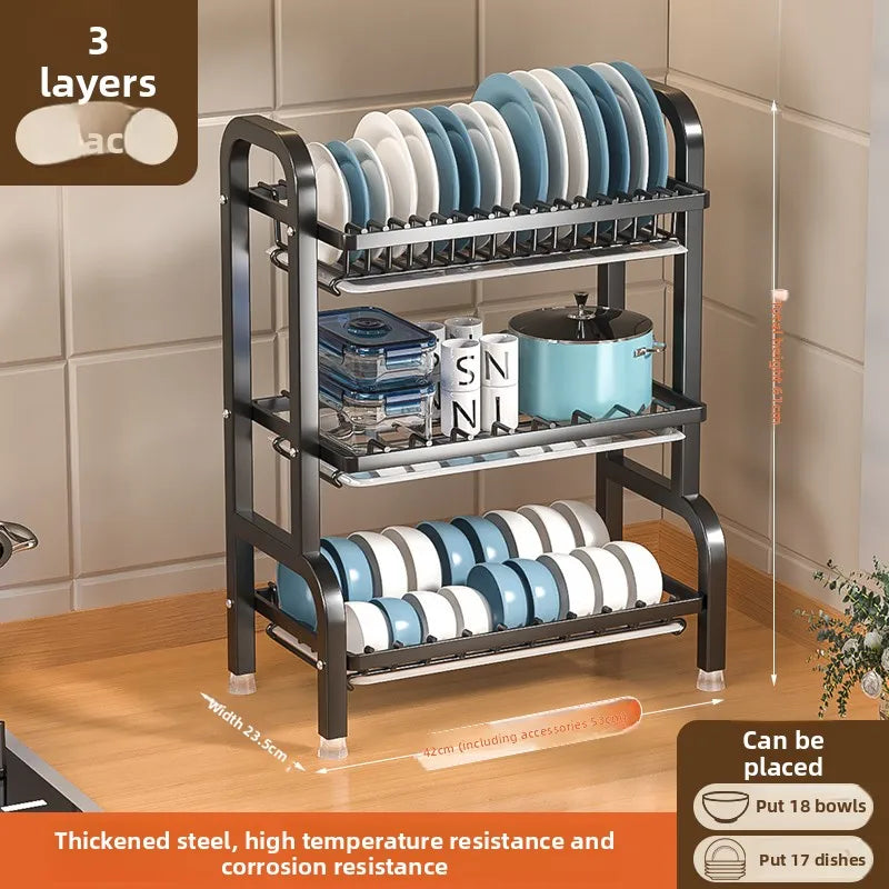 black Multi-level dish drain, dish drying rack, dish drain, large rust-proof dish drain with kitchen utensils stand