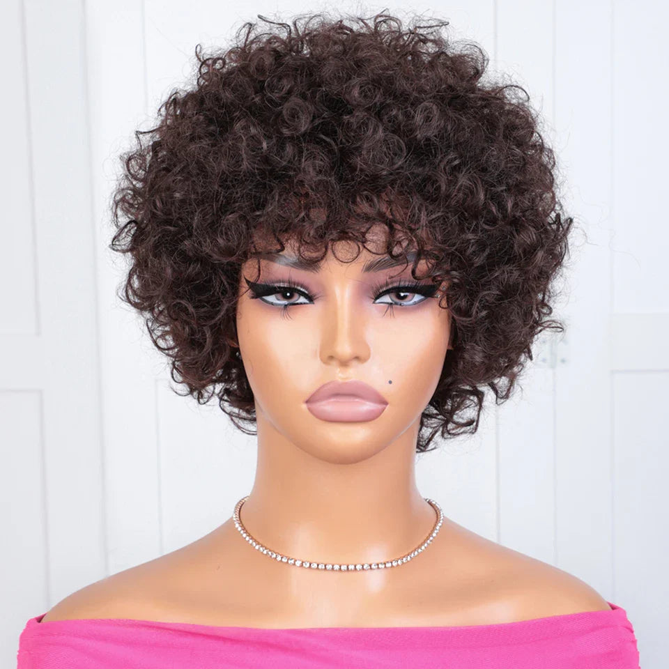 Sleek Short Pixie Afro Kinky Curly Human Hair Wig | Glueless Natural Brown Bob with Bangs