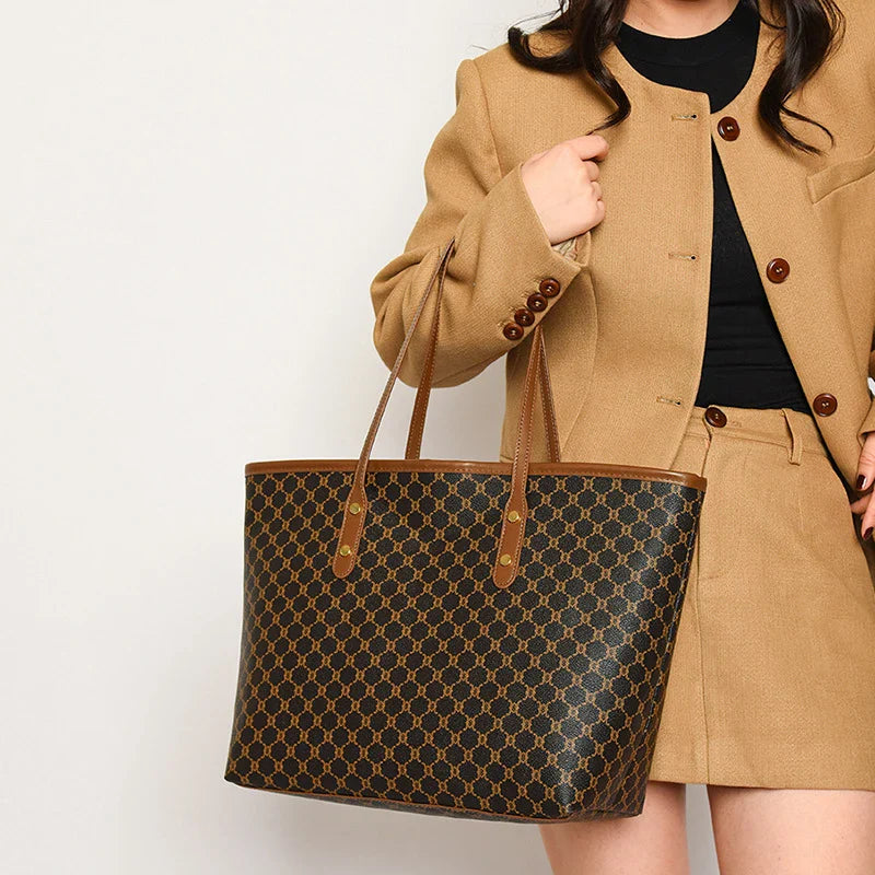 Large Capacity Shoulder Bag for Women | PU Leather Handbag for Commuting & Casual Use (Versatile Tote Bag, Geometric Pattern)