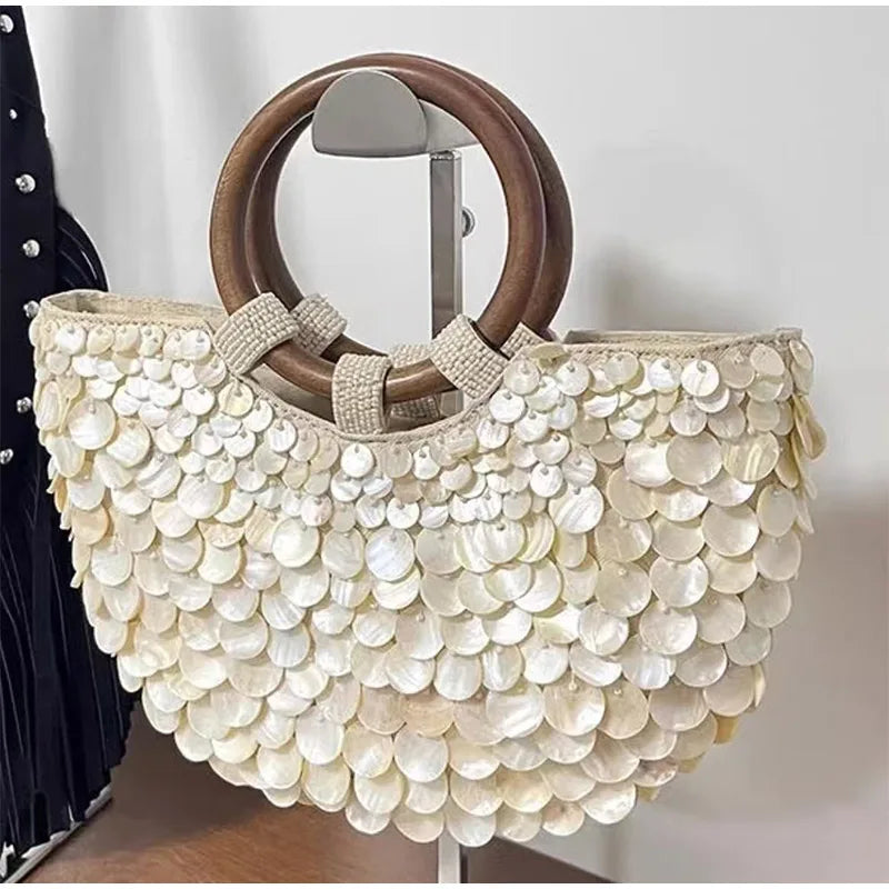 Designer Women's Pearlescent Inlay Half Moon Crossbody Bag | Exquisite Shell Beaded Handbag with Sequin & Wooden Handle Tote