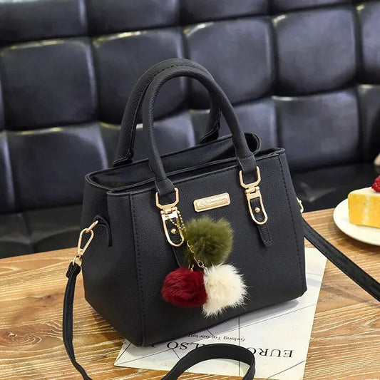 Women's Vintage Solid Color PU Leather Bucket Bag | Fashion Top Handle Shoulder Crossbody Handbag with Hairball Ornaments