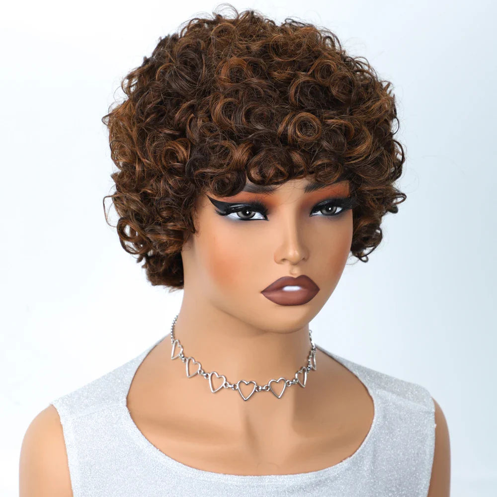 Brazilian Short Pixie Bob Afro Kinky Curly Wig with Bangs | Full Machine Made Human Hair (Natural Brown & 99J)
