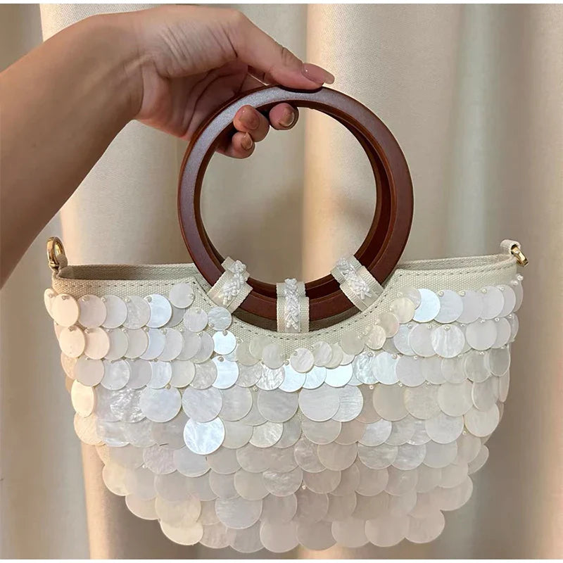 Fashion High-End Shell Bag | Niche Design Pearl Inlay Half-Moon Bag & Handmade Shell Beaded Handbag (New Versatile Crossbody)