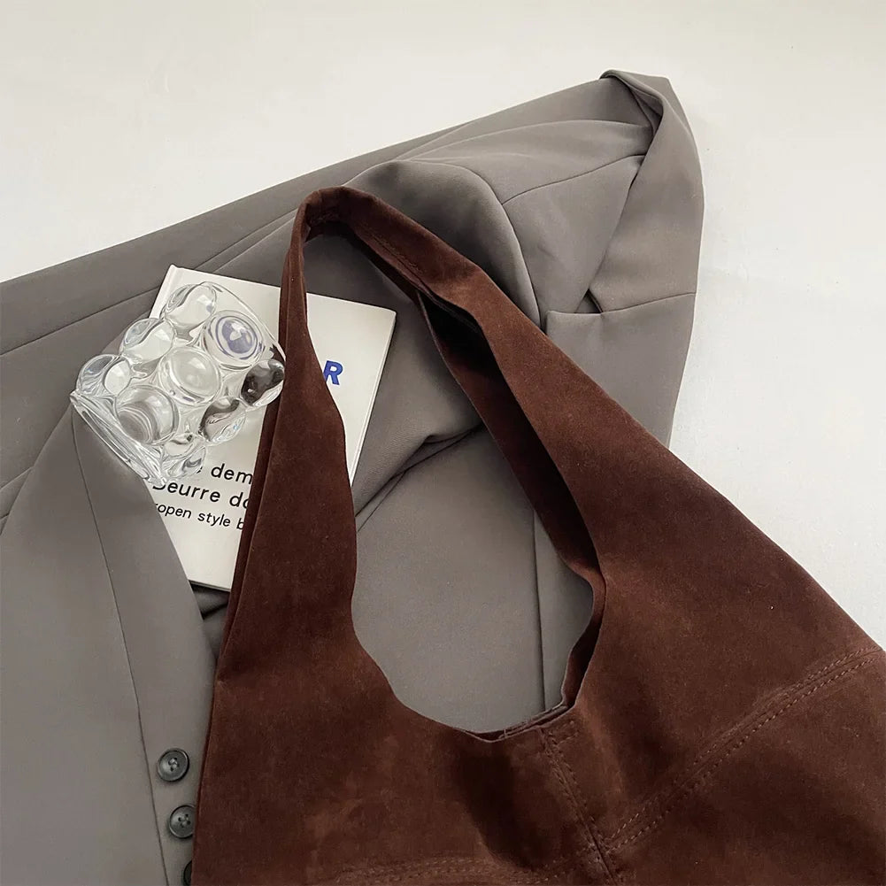 Women's Faux Suede Tote Bag | Vintage Large Capacity Shoulder & Underarm Handbag (Designer Style, Simple Commuting Bag)