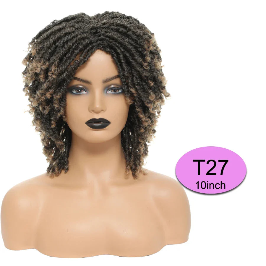 Short Afro Curly Faux Locs Wig | Twist Braids | Heat Resistant | Ombre Brown | Black Women