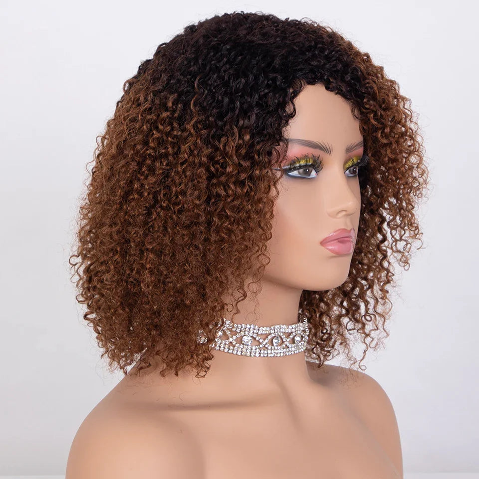 Ombre Highlight Afro Kinky Curly Human Hair Bob Wig | Full Machine Made Peruvian Remy