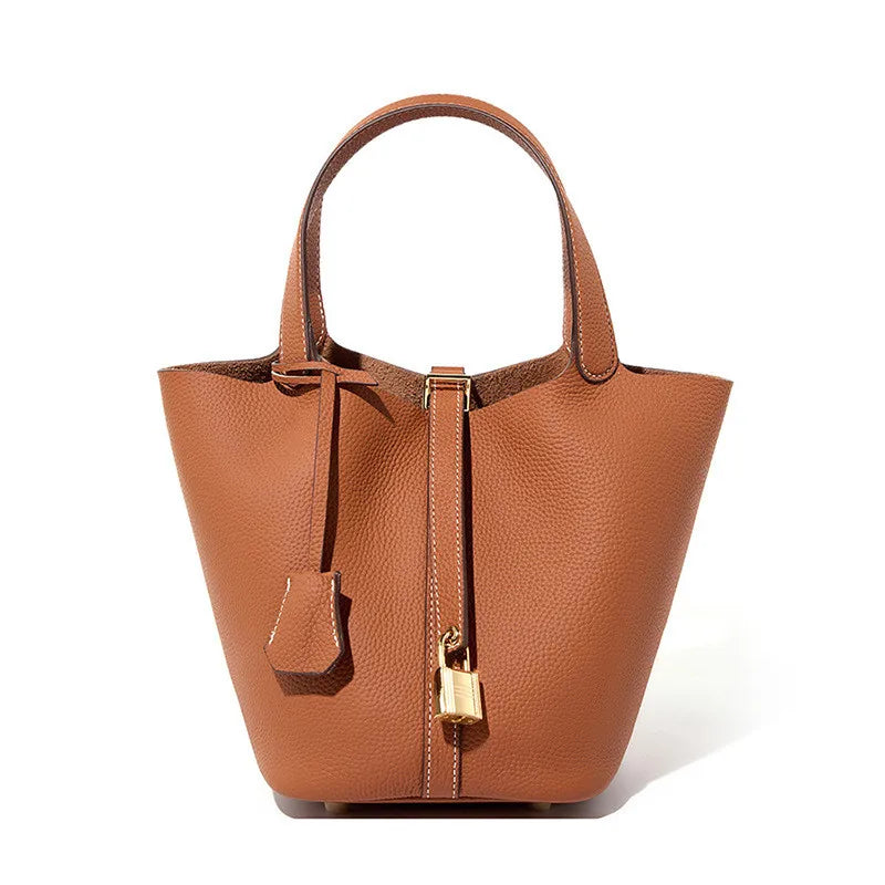 Stylish Bucket Shopping Tote Bag for Women | Soft PU Litchi Pattern Handbag with Lock & Small Horse Scarf (Classic, Versatile)