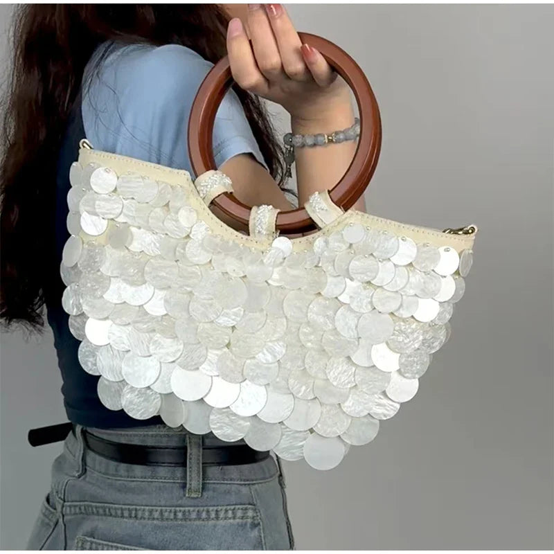 Fashion High-End Shell Bag | Niche Design Pearl Inlay Half-Moon Bag & Handmade Shell Beaded Handbag (New Versatile Crossbody)