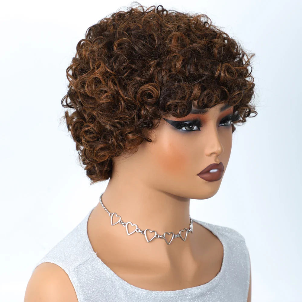Sleek Short Pixie Afro Kinky Curly Human Hair Wig | Glueless Natural Brown 99J Bob with Bangs
