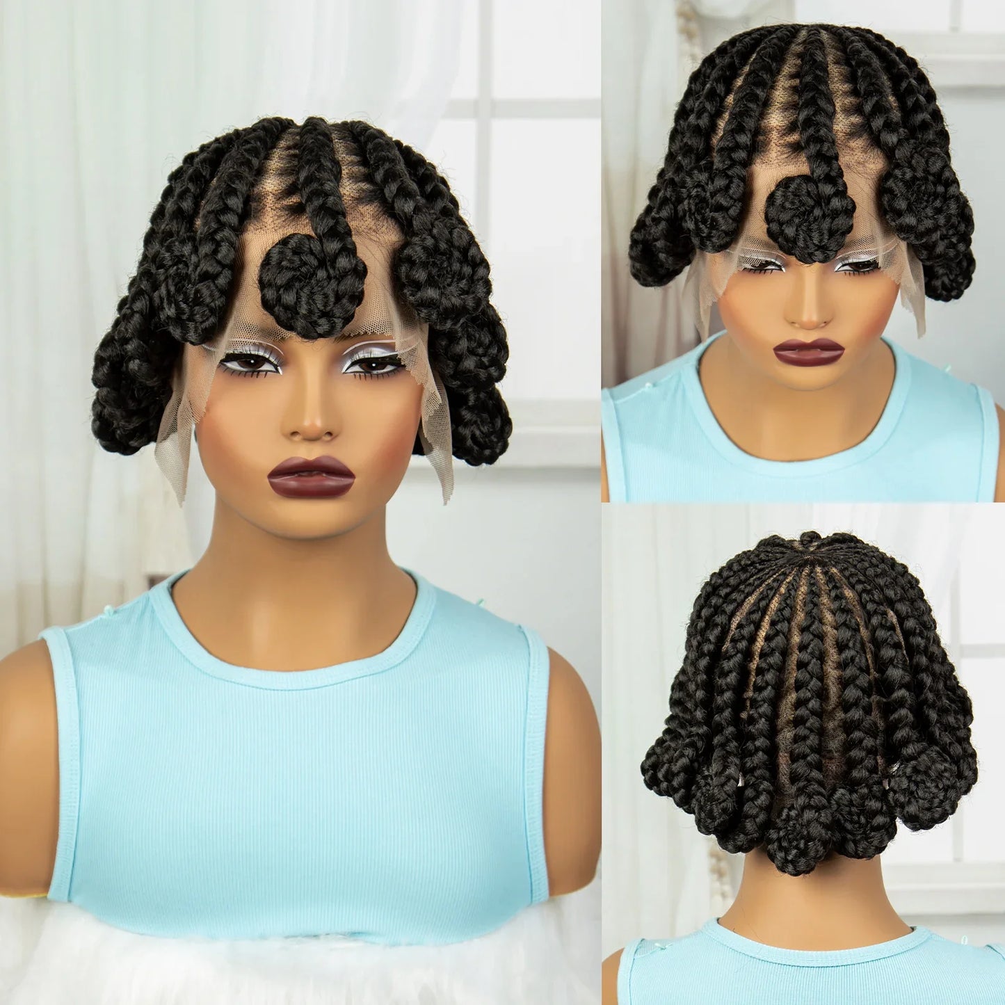 Handmade Knotless Bantu Cornrow Braids Wig | Full Lace Front | Short Braids