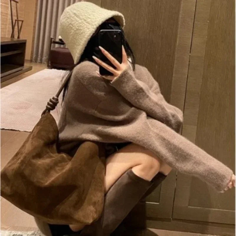All-Match Chamois Matte Suede Cowhide Leather Tote | Large Capacity Designer Maillard Dressing Coffee Winter Ladies Handbag