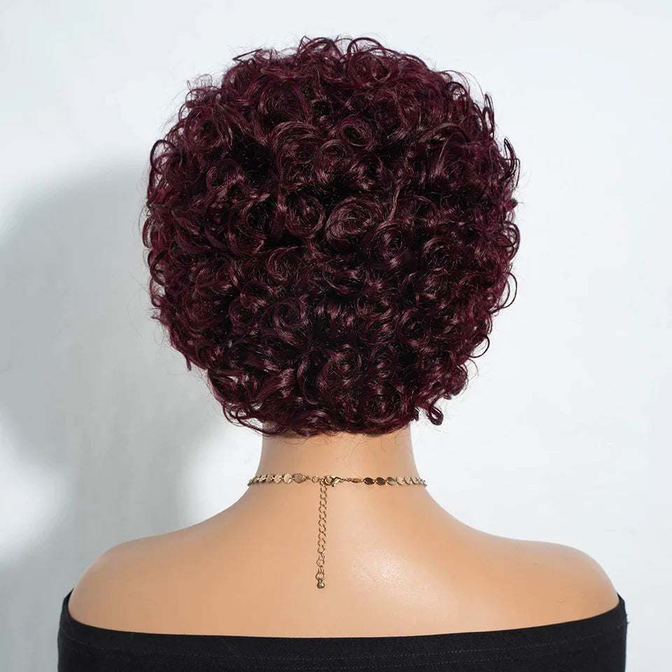 Malaysian Afro Kinky Curly Pixie Bob Wig with Bangs | Natural Brown & 99J Full Machine Made Remy Human Hair