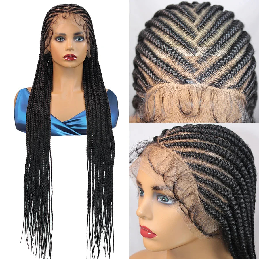 36" Boho Knotless Box Braids Wig | Full Lace | Cornrows & Curly Ends | Synthetic Braided Wig