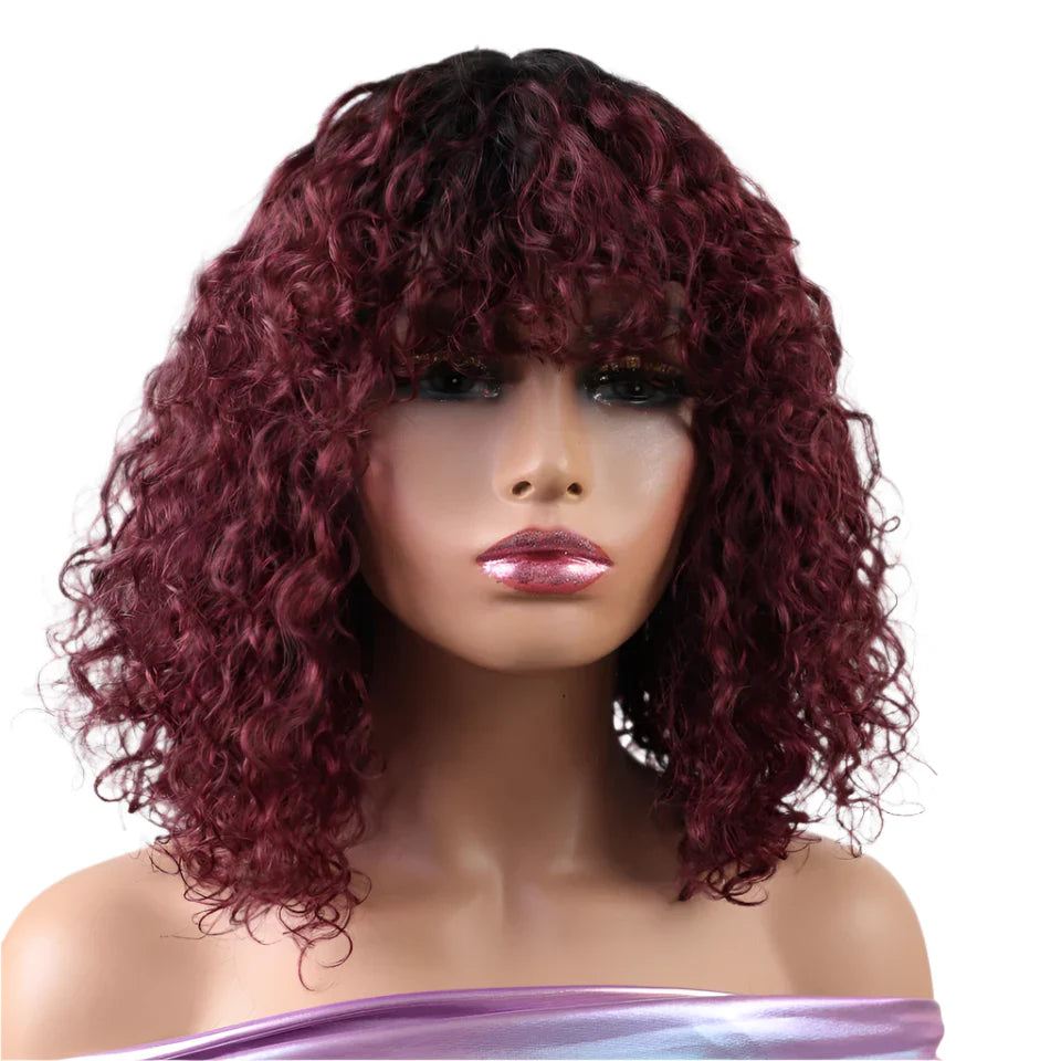 Rebecca Ombre Brown Curly Wig with Bangs | Loose Deep Wavy Brazilian Remy Human Hair
