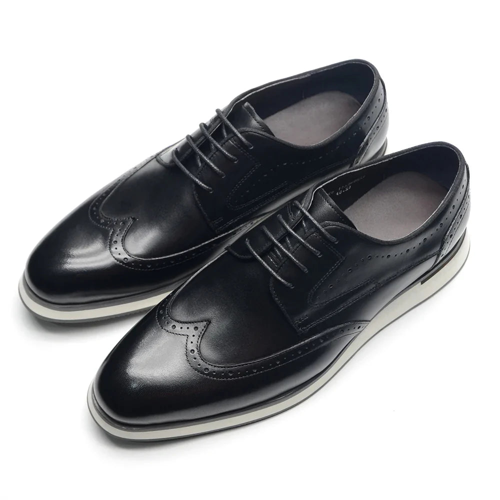 Men's Natural Cowhide Genuine Leather Derby Dress Shoes | Brogue Wingtip Flat Shoes (Black, Wine Red)