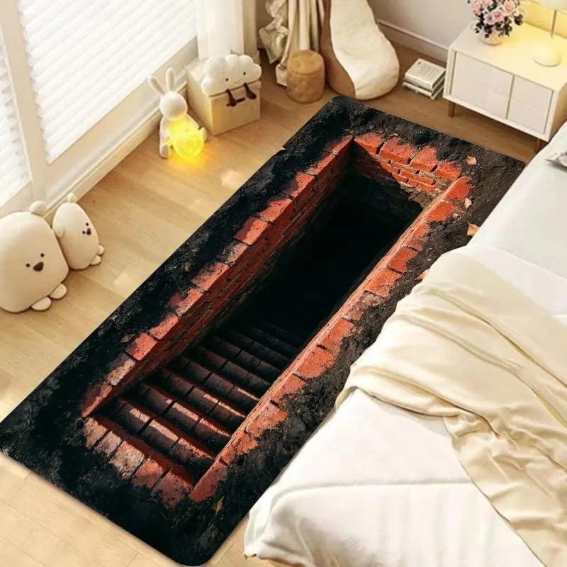 3D Optical Illusions Stone Staircase Pond Runner Rug Funny Hole Home Decor Floormat Non-Slip Soft Carpet for Hallway Living Room