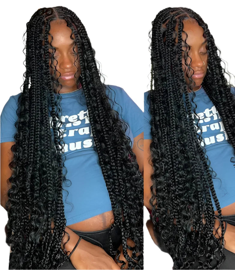 Boho Curly End Braided Full Lace Front Wig | Goddess Locs | Knotless Box Braids | Synthetic Bohemian Wig