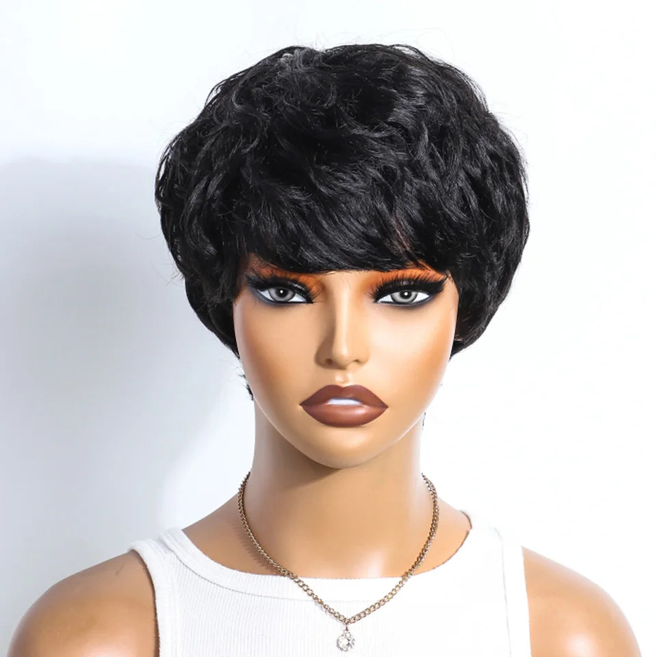 Pixie Short Cut Wavy Curly Human Hair Wig | Brazilian Remy Machine Made Wig for Women