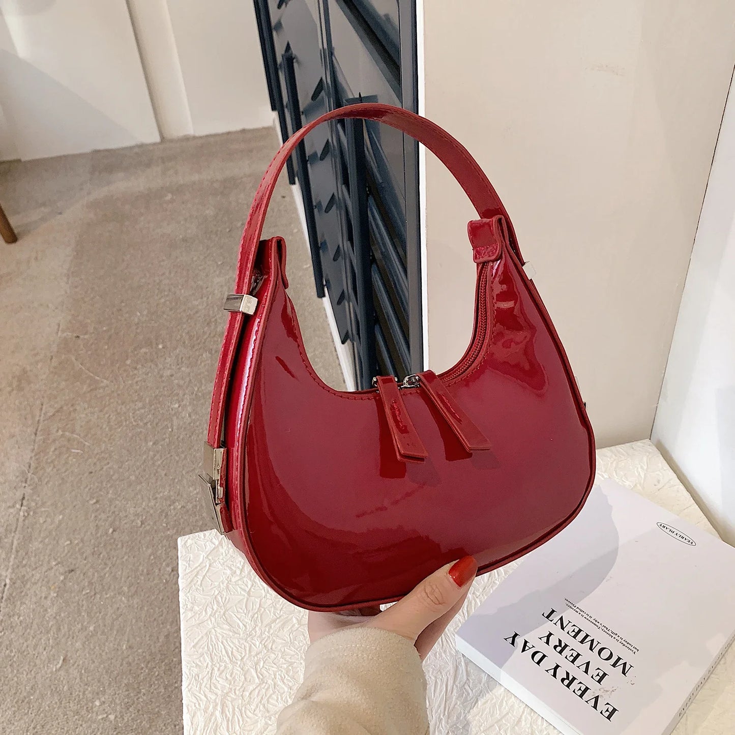 Half Moon Bag Vintage PU Leather Small Handbag | Luxury Brands Women's Shoulder Bags & Retro Red Ladies Armpit Purses (Girls Mini Totes)