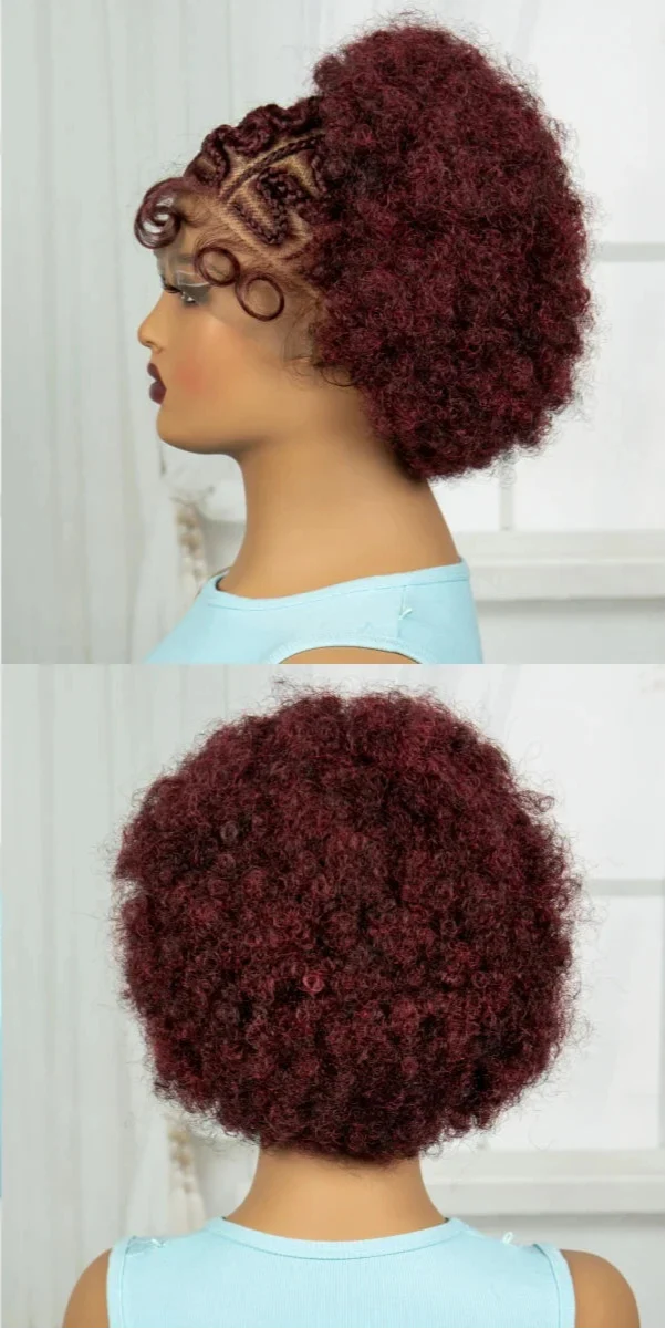 Burgundy Afro Curly Braids Bob Wig | 13x6 Lace Front | Baby Hair