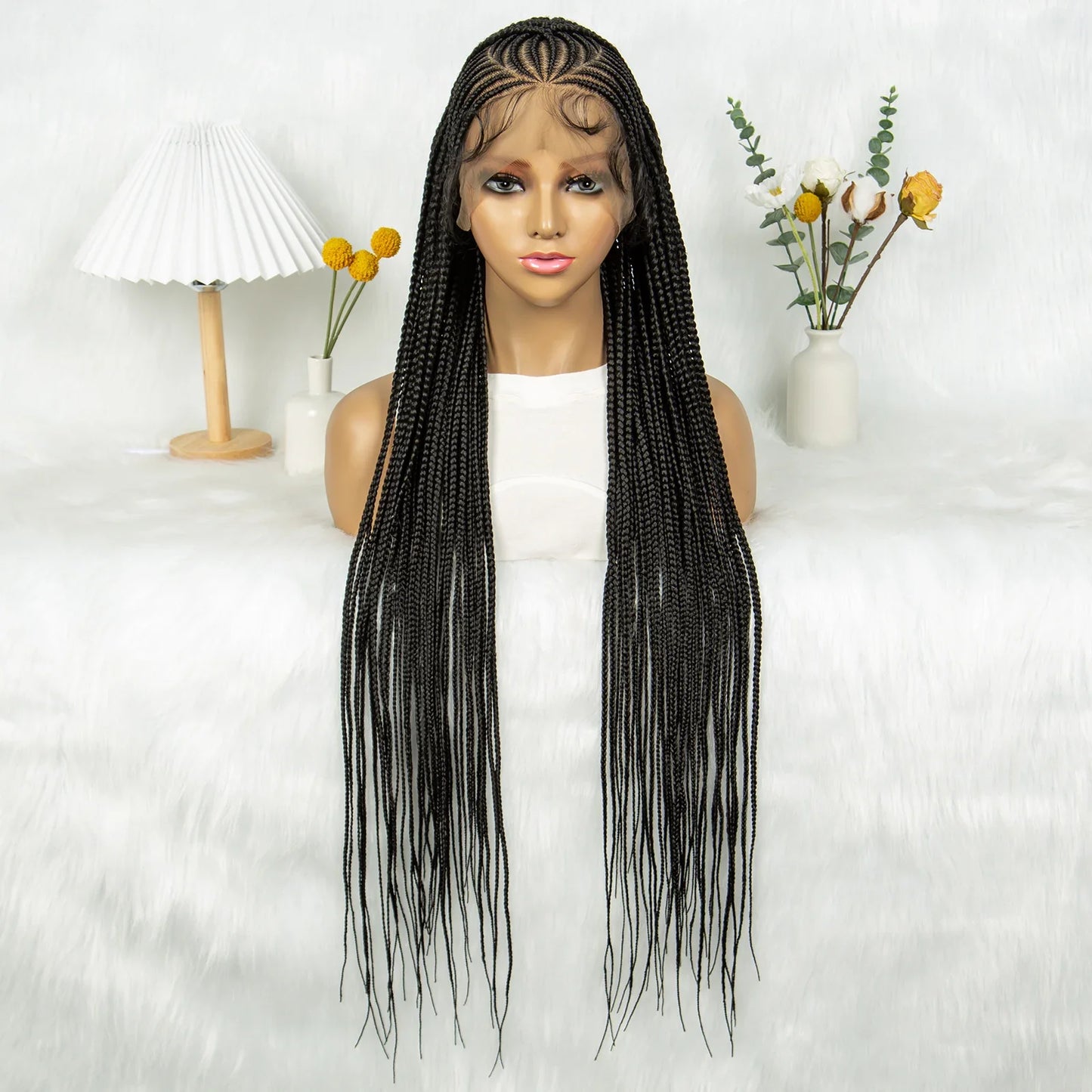 HD Transparent Full Lace Cornrow Knotless Box Braids Wig | Synthetic Goddess Braided Wig for Black Women