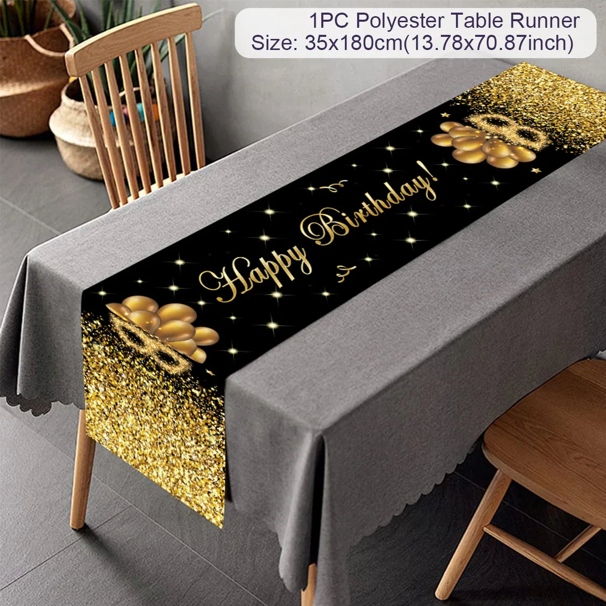 Black Gold Happy Birthday Table Runner 30th 40th 50th Birthday Party Decoration Adult  Anniversary Birthday Party Supplies