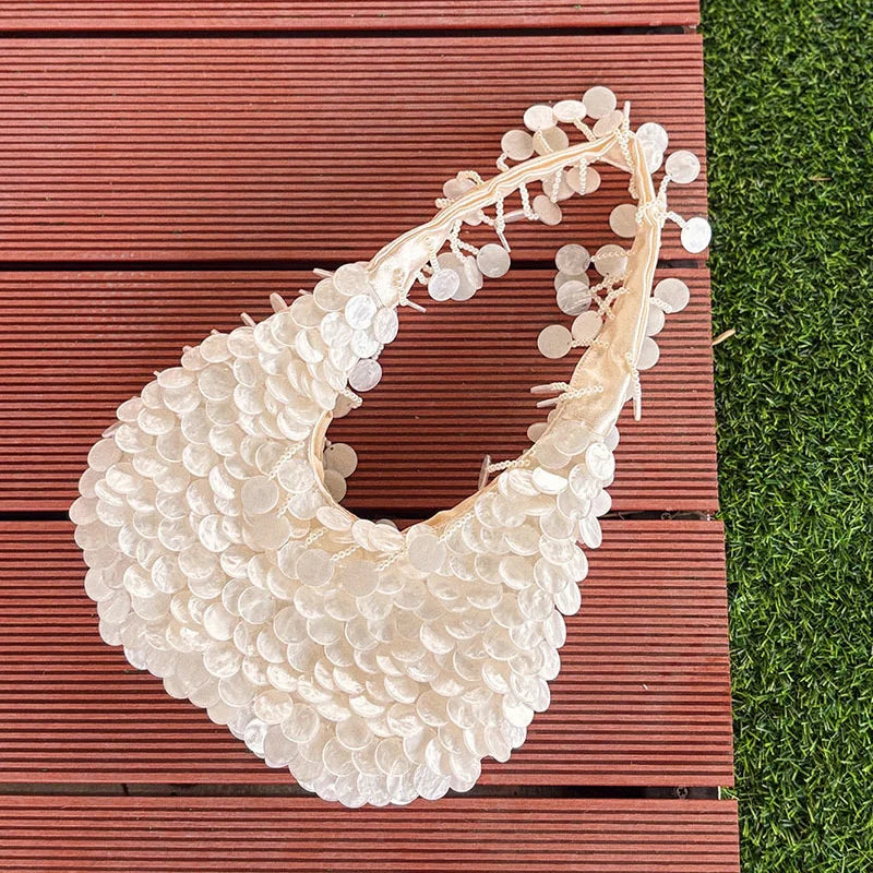 Designer Women's Pearlescent Inlay Half Moon Crossbody Bag | Exquisite Shell Beaded Handbag with Sequin & Wooden Handle Tote