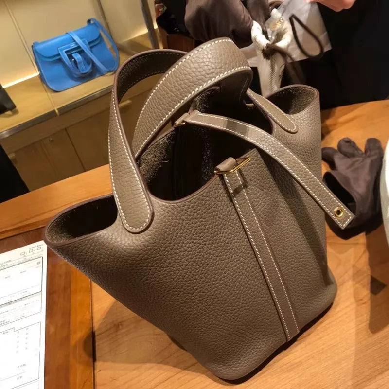 Stylish Bucket Shopping Tote Bag for Women | Soft PU Litchi Pattern Handbag with Lock & Small Horse Scarf (Classic, Versatile)