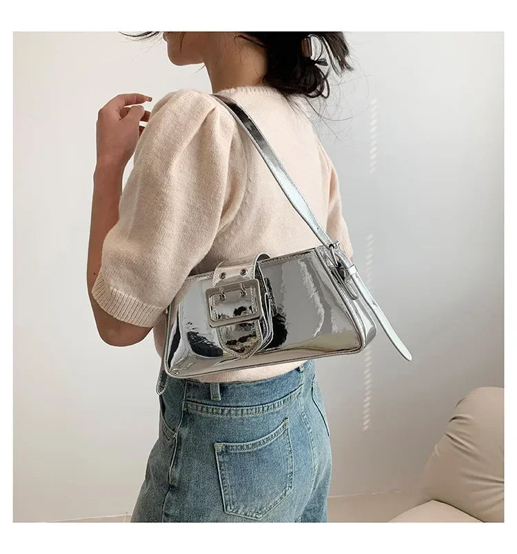 New Luxury Design Women's Glossy PU Leather Armpit Bag | Fashion Party Handbag (Patent Leather Silver Shoulder & Crossbody Bag)
