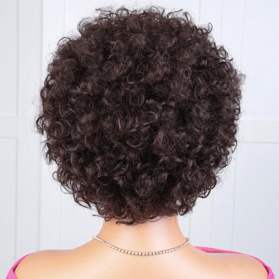 Sleek Short Pixie Afro Kinky Curly Wig with Bangs | Glueless Peruvian Human Hair Bob
