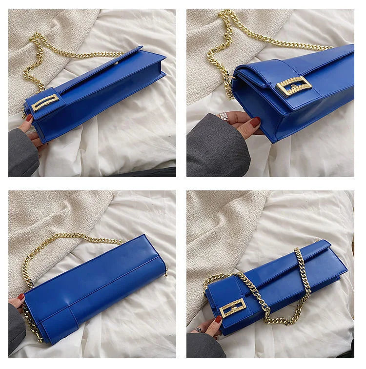 High Quality Klein Blue PU Leather Shoulder Bag for Women | Fashion Rectangle Underarm Purse (Ladies' Solid Handbag with Chains)