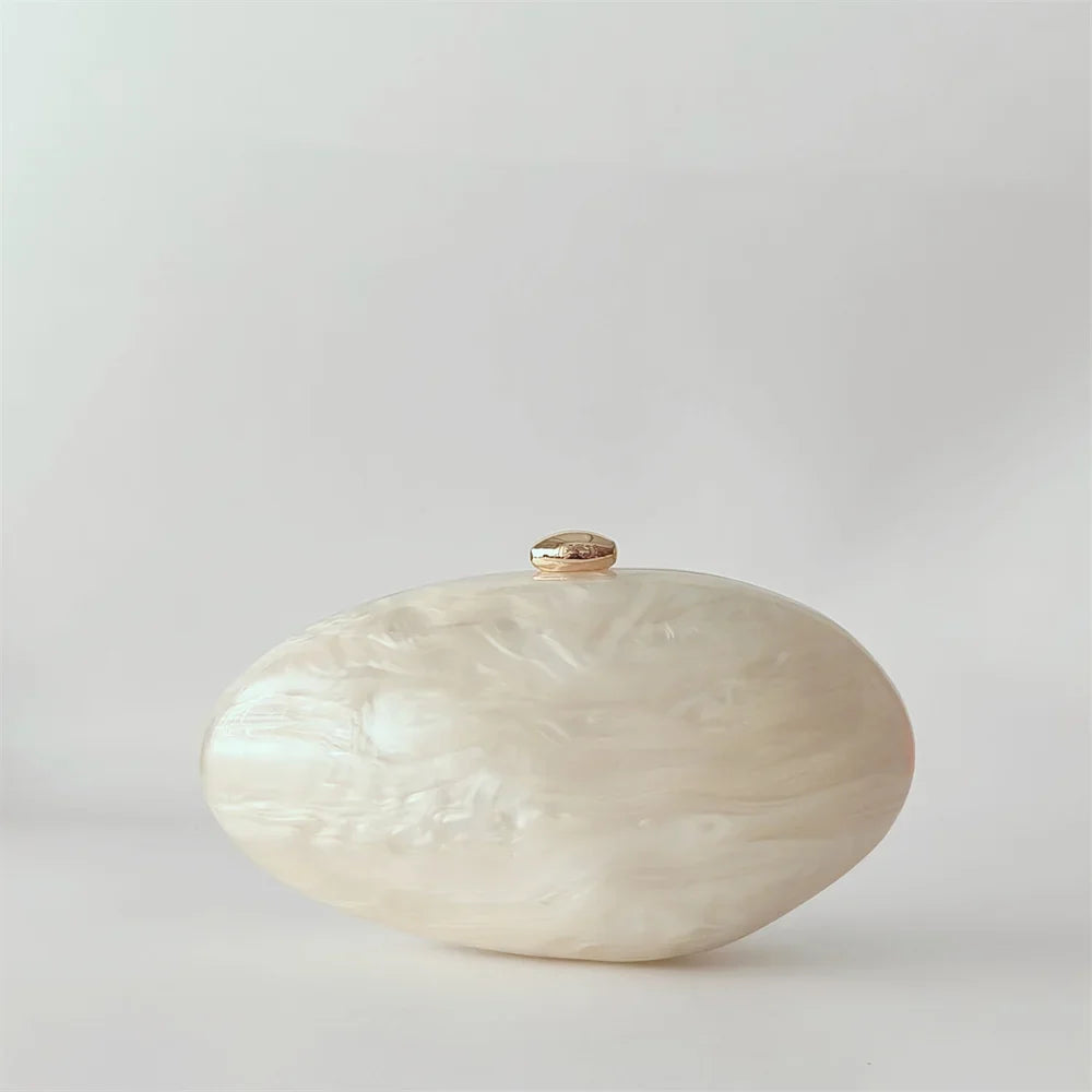Oval Marble Beige Shell Acrylic Luxury Elegant Lady Evening Bag | Cute Handbag & Wedding Girl Female Mini Purse