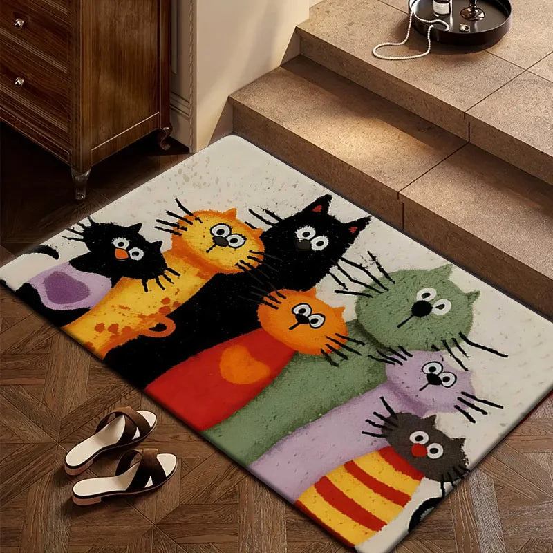 VIKAMA Adorable Cartoon Cat Family Carpet Welcome Mat Doormat Kitchen Rug Carpet For Live Room Bathroom Mat Rug For Bedroom Home