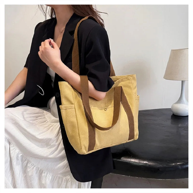 Preppy Style Shoulder Bag Unisex | Large Capacity Handbag & Casual Versatile Solid Canvas Bag (Student Commuting Zipper Square Bag)