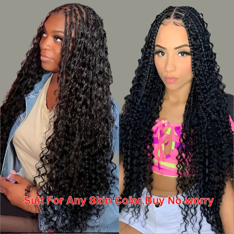 Boho Curly End Braided Full Lace Front Wig | Goddess Locs | Knotless Box Braids | Synthetic Bohemian Wig