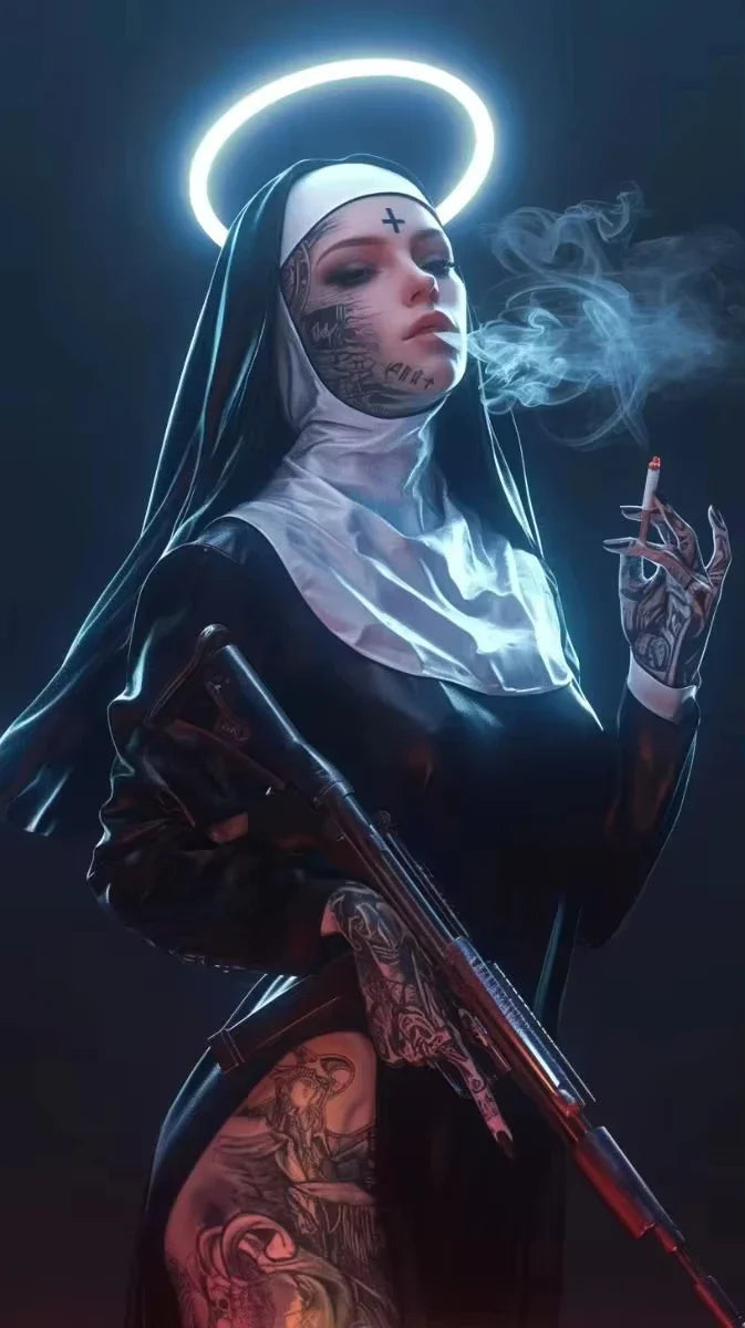 Sexy Tattoo Machine Gun Nun Poster Print Christian Smoking Nun Canvas Painting Living Room Background Wall Home Decoration