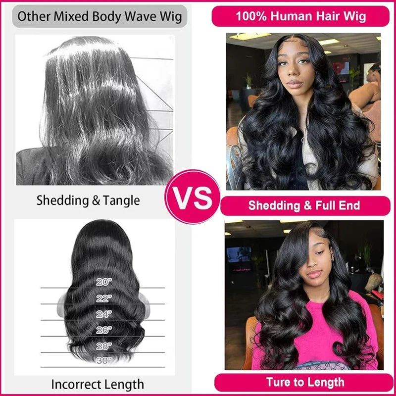 200% Density Body Wave 13x6/13x4 Lace Frontal Wig - Peruvian Remy Hair - Pre Plucked with Baby Hair - Natural Black
