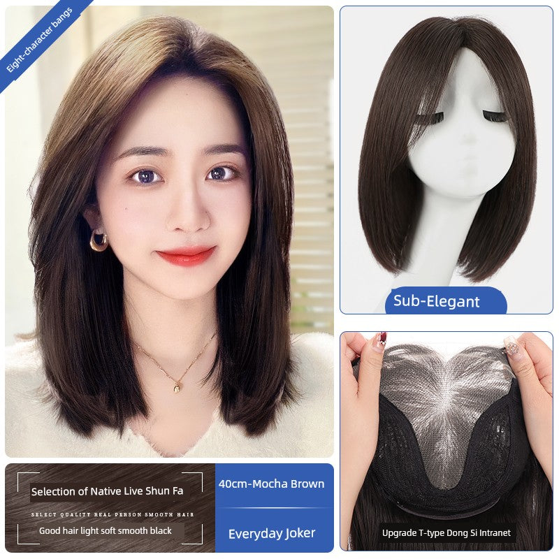 Natural Full-Head Human Hair Wig | Classy Collarbone Length Short Straight Wig with Oblique Bangs for Women (Sweet & Lovely, Elegant Style)