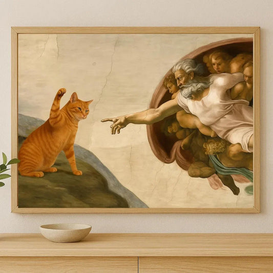 "Whimsical 'Creation of Adam' with Orange Cat Wall Print Decor - Classic Art Parody Poster for Eclectic Living Room, Quirky
