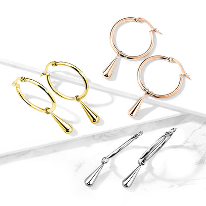 Stainless Steel Hoop Earrings with Teardrop Dangle