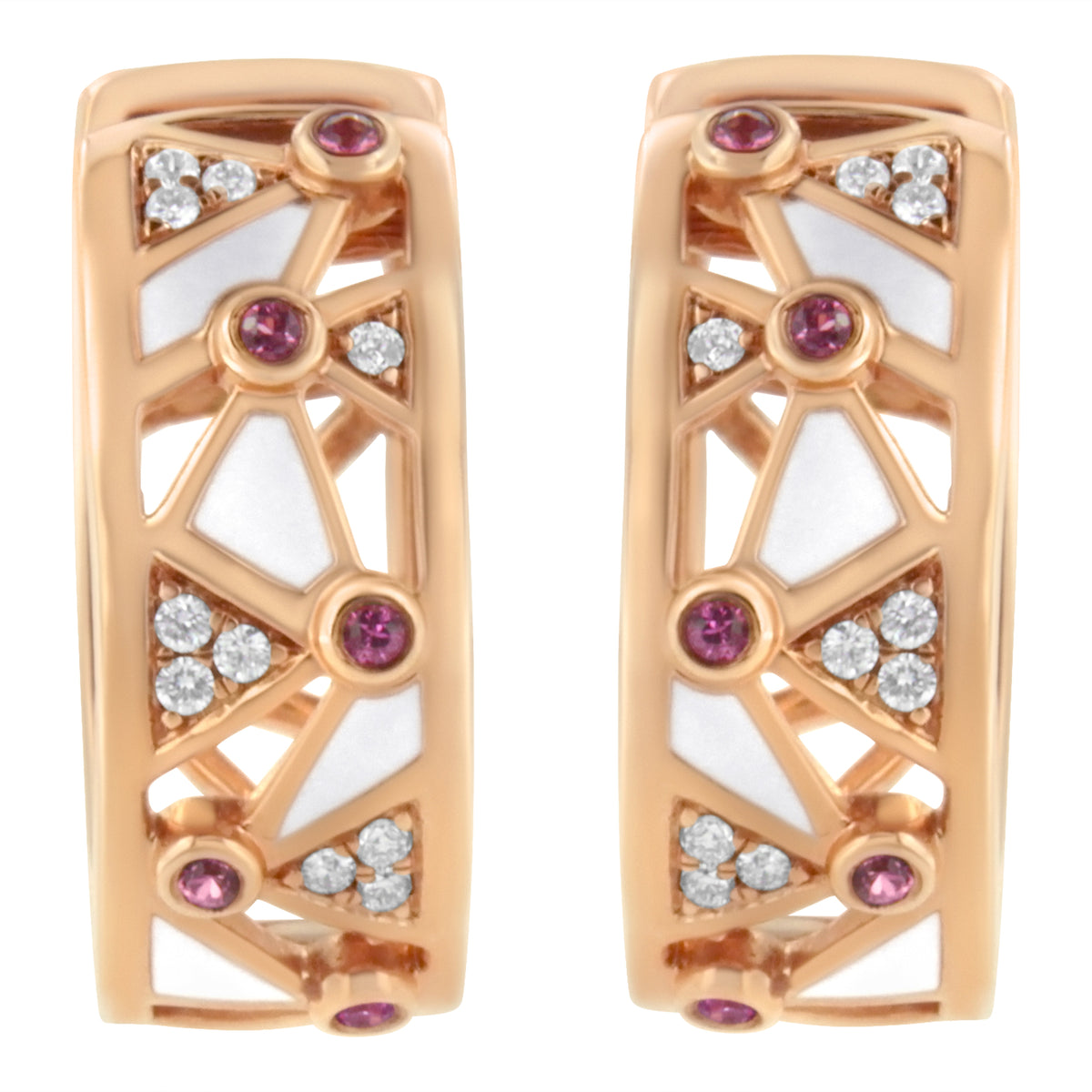 14K Rose Gold 1/6 Cttw Diamond and Pink Tourmaline White Enamel Geometric Hoop Earrings