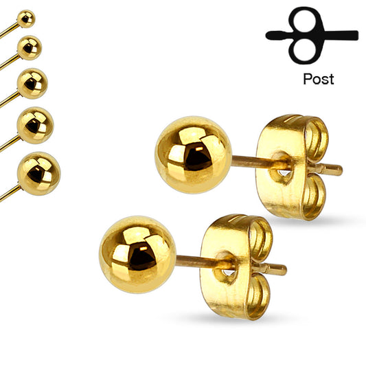 Gold IP 316L Stainless Steel Ball Stud Earrings 3mm to 7mm Sizes