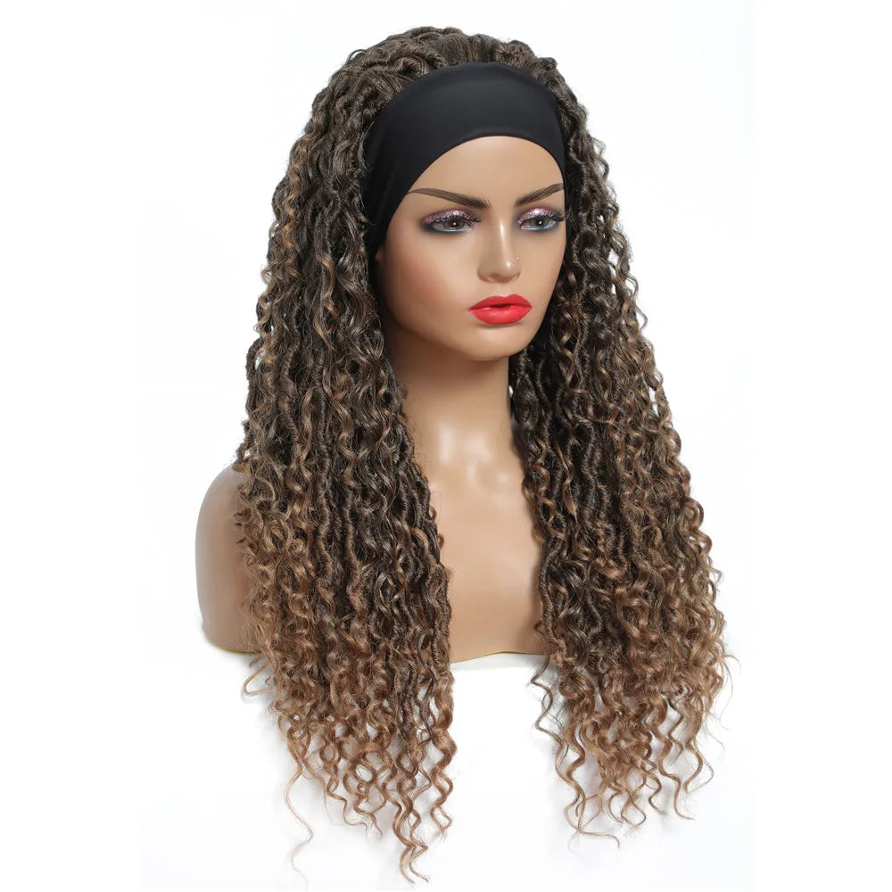 Product Title: 26" Ombre Brown Headband Braided Wig | Faux Locs with Curly Ends | Synthetic Dreadlock Wig