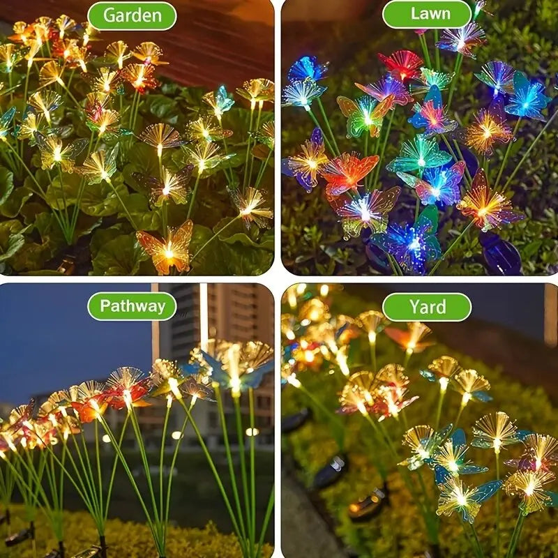 1PC 6-Head LED Solar Fiber Optic Butterfly Lights, 2 Modes Outdoor Idea Landscape Lighting For Garden,Pathways, Lawn, Patio,Yard