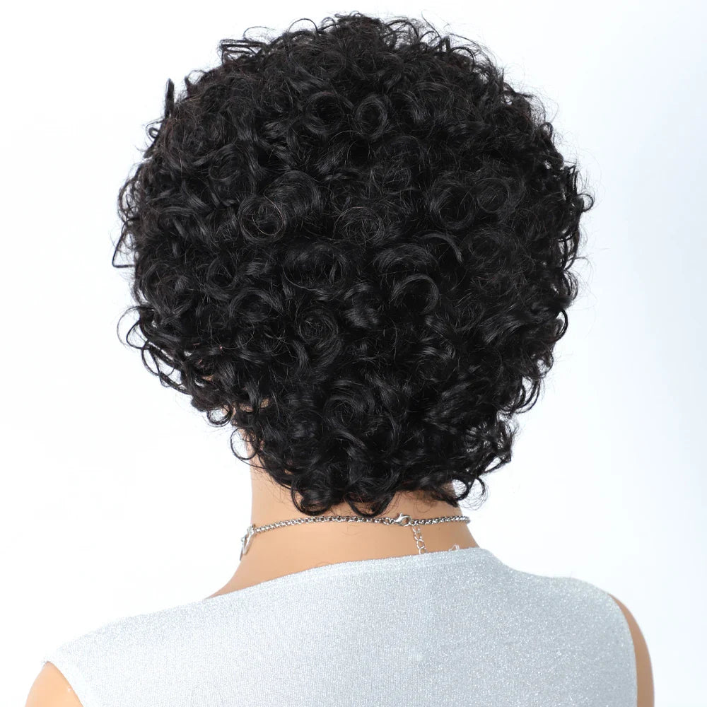 Sleek Short Pixie Afro Kinky Curly Human Hair Wig | Glueless Natural Brown 99J Bob with Bangs