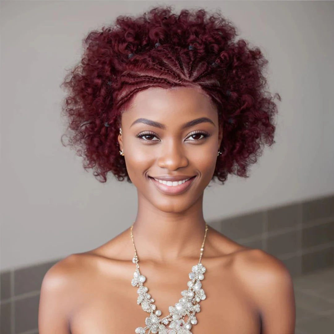 6" Afro Curly Braided Lace Front Wig | 250% Density | Brazilian Remy Hair | Short Curly Wig