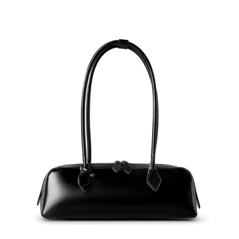 New Genuine Leather Women's Shoulder Bag | Large Capacity Cowhide Luxury Handbag (Long Strip Wine Red Baguette Bag)