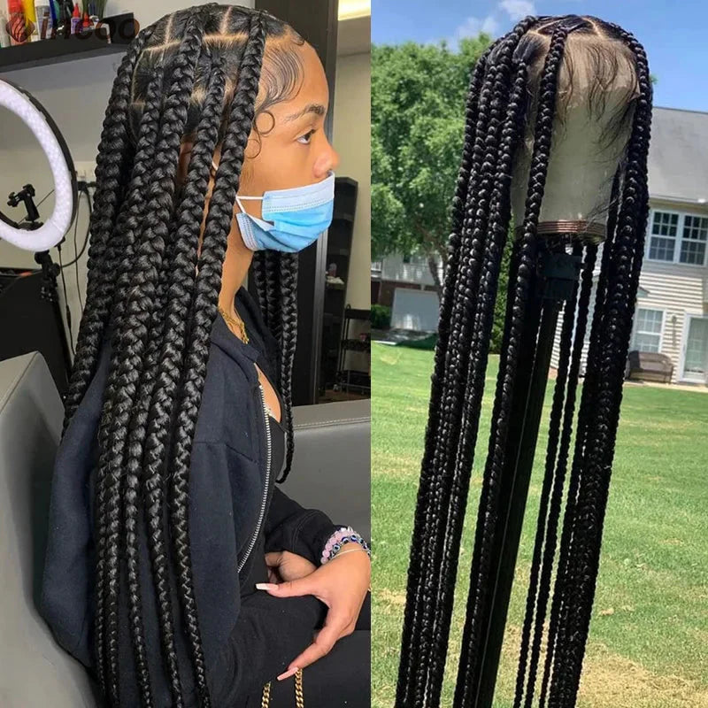 Jumbo Knotless Box Braids Wig | Tribal Cornrows & Faux Locs | Full Lace Front | 36" Look