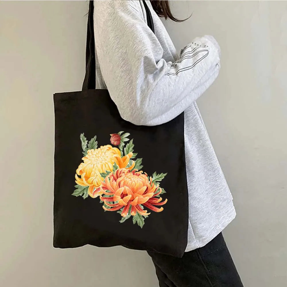 Succulove Floral Cotton Tote Bag | Large Capacity Handbag with Tulips, Hydrangeas, Sunflowers & More (Casual Shoulder Shopper, Eco-Friendly)